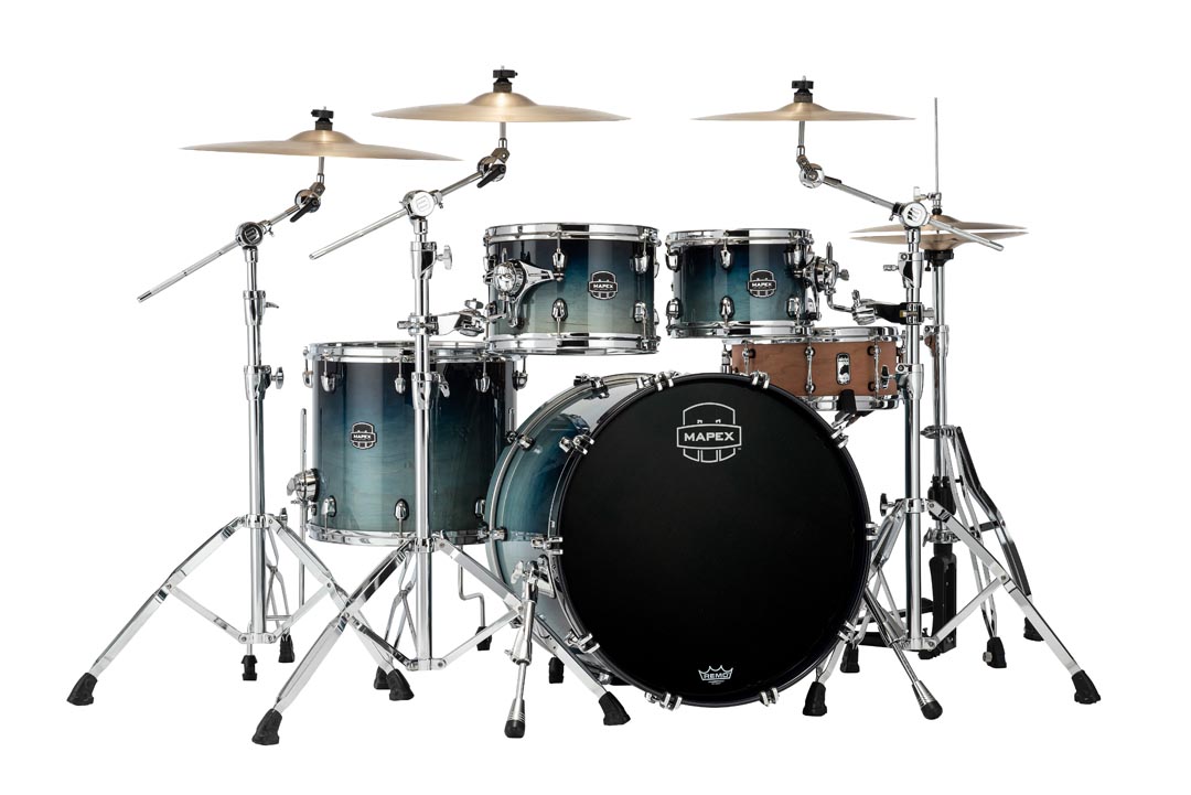 The New Mapex Nodal line Air Flow Venting scheme gives Saturn superior feel and just the right amount of renonance.  Whether tuning up high for jazz and fusion or down deep for rock-n-roll, the he unique Maple and Walnut shell composition complete with SONIClear bearing edges results in clear and focused toms and a bass drum that sounds bigger than it should.

22 in. x18 in.  Bass Drum (No Mount), 10 in. x7 in.  & 12 in. x8 in.  Toms 16 in. x14 in.  Floor Tom  with Static 90degreeFloor Tom Legs (x3), MSSTC1 (x2)