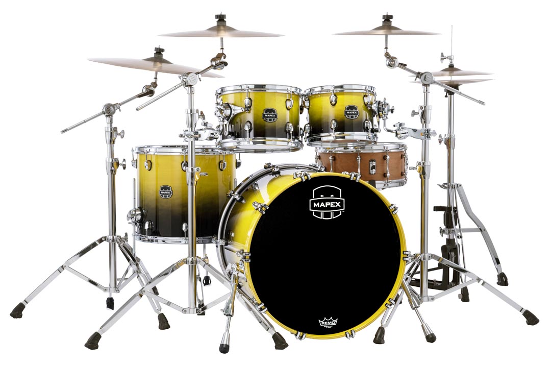 The New Mapex Nodal line Air Flow Venting scheme gives Saturn superior feel and just the right amount of renonance.  Whether tuning up high for jazz and fusion or down deep for rock-n-roll, the he unique Maple and Walnut shell composition complete with SONIClear bearing edges results in clear and focused toms and a bass drum that sounds bigger than it should.

22 in. x18 in.  Bass Drum (No Mount), 10 in. x7 in.  & 12 in. x8 in.  Toms 16 in. x14 in.  Floor Tom  with Static 90degreeFloor Tom Legs (x3), MSSTC1 (x2)