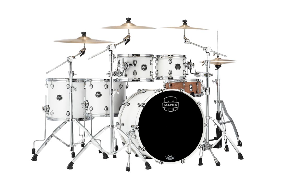 The New Mapex Nodal line Air Flow Venting scheme gives Saturn superior feel and just the right amount of renonance.  Whether tuning up high for jazz and fusion or down deep for rock-n-roll, the he unique Maple and Walnut shell composition complete with SONIClear bearing edges results in clear and focused toms and a bass drum that sounds bigger than it should. 

22 in. x18 in.  Bass Drum (No Mount), 10 in. x7 in.  & 12 in. x8 in.  Toms 14 in. x  12 in. , 16 in. x14 in.  Floor Tom  with Static 90degreeFloor Tom Legs (x6), MSSTC1 (x2)