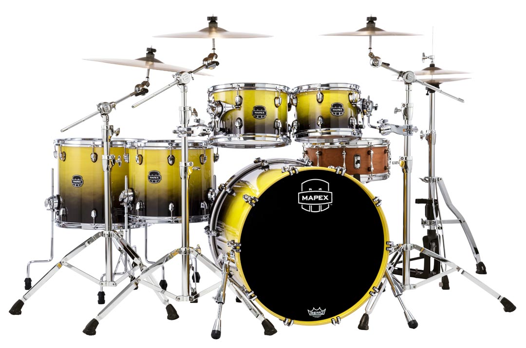 The New Mapex Nodal line Air Flow Venting scheme gives Saturn superior feel and just the right amount of renonance.  Whether tuning up high for jazz and fusion or down deep for rock-n-roll, the he unique Maple and Walnut shell composition complete with SONIClear bearing edges results in clear and focused toms and a bass drum that sounds bigger than it should. 

22 in. x18 in.  Bass Drum (No Mount), 10 in. x7 in.  & 12 in. x8 in.  Toms 14 in. x  12 in. , 16 in. x14 in.  Floor Tom  with Static 90degreeFloor Tom Legs (x6), MSSTC1 (x2)