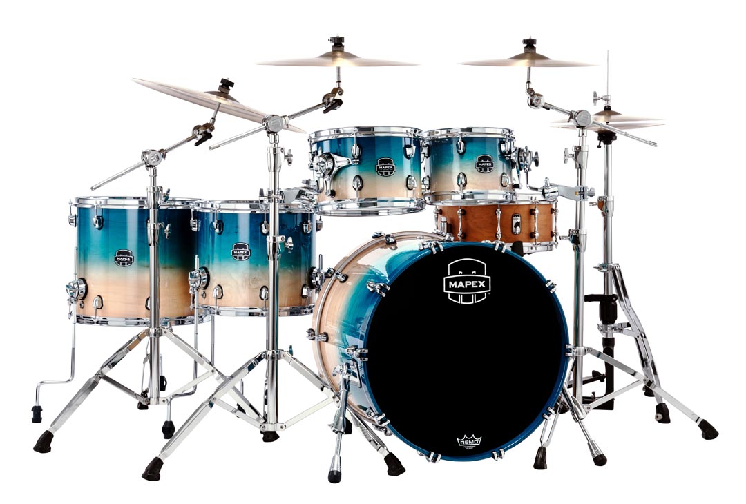 The New Mapex Nodal line Air Flow Venting scheme gives Saturn superior feel and just the right amount of renonance.  Whether tuning up high for jazz and fusion or down deep for rock-n-roll, the he unique Maple and Walnut shell composition complete with SONIClear bearing edges results in clear and focused toms and a bass drum that sounds bigger than it should. 

22 in. x18 in.  Bass Drum (No Mount), 10 in. x7 in.  & 12 in. x8 in.  Toms 14 in. x  12 in. , 16 in. x14 in.  Floor Tom  with Static 90degreeFloor Tom Legs (x6), MSSTC1 (x2)