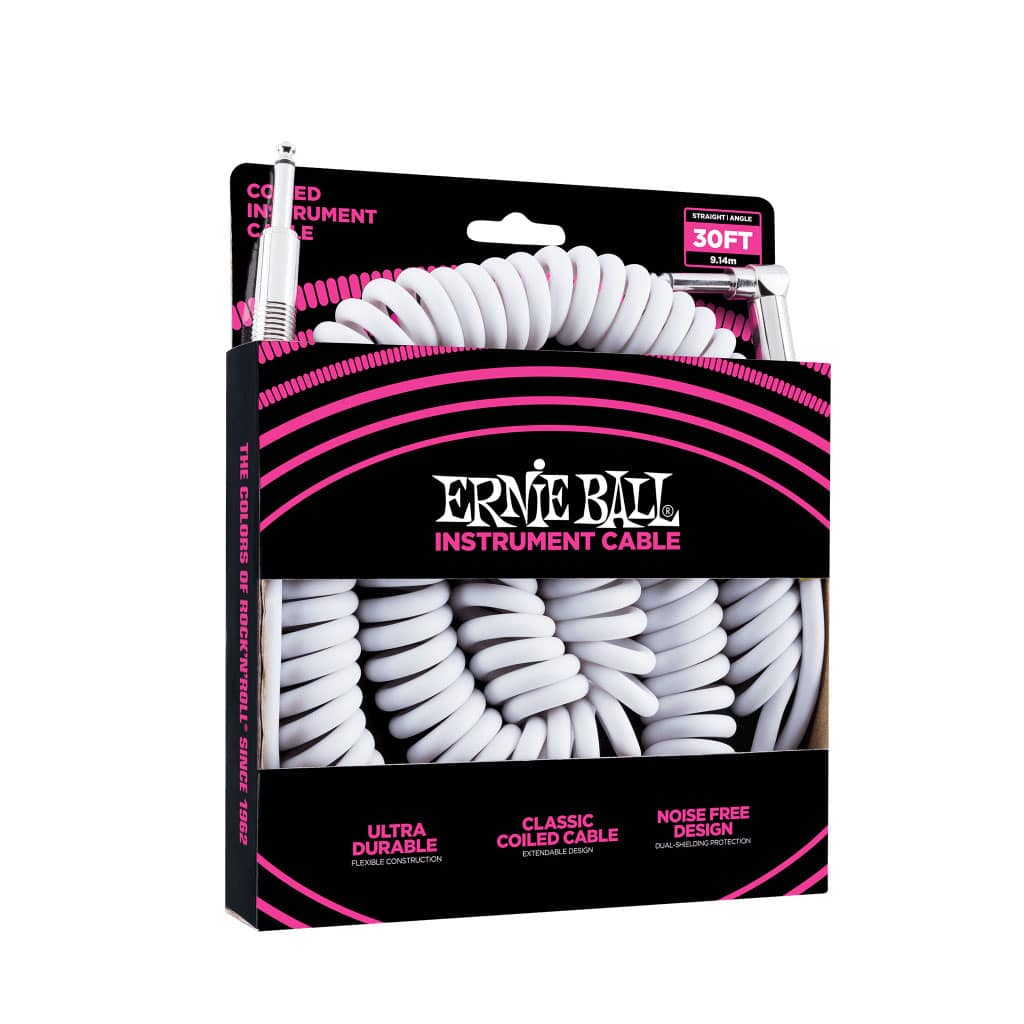 Ernie Ball 30' Coiled Straight/Angled Instrument Cable - White - Image 3