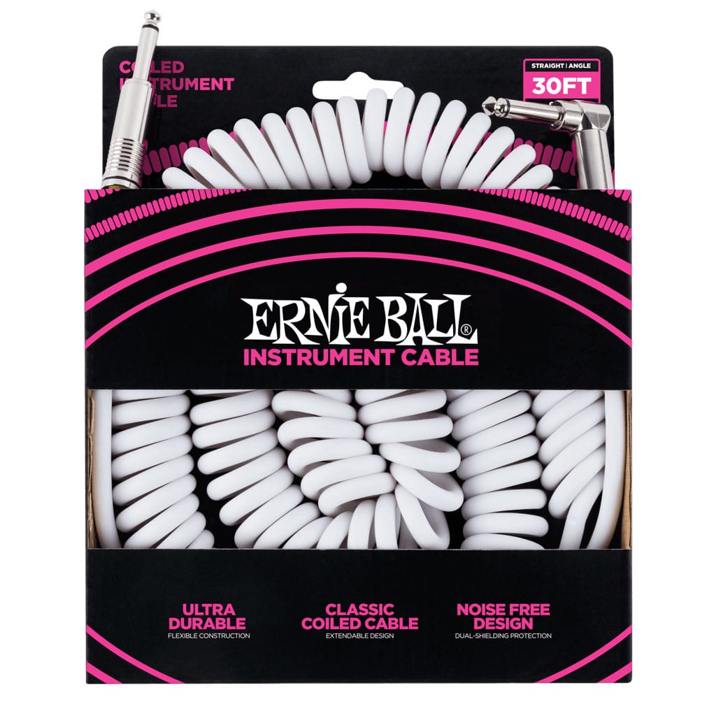 Ernie Ball 30' Coiled Straight/Angled Instrument Cable - White - Image 2