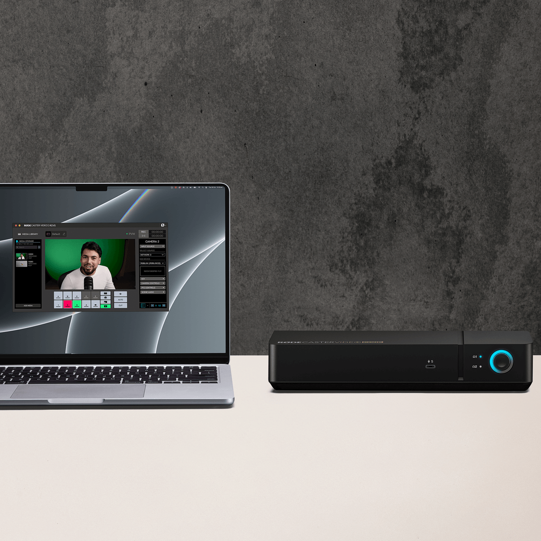 RØDECaster Video Core controlled by the RØDECaster App on a laptop