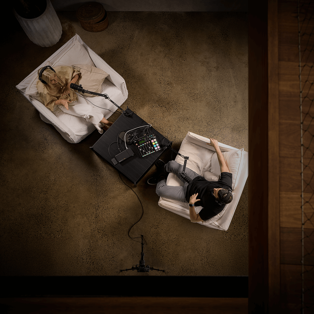 Podcasters recording with hands-free auto-switching on the RØDECaster Video Core