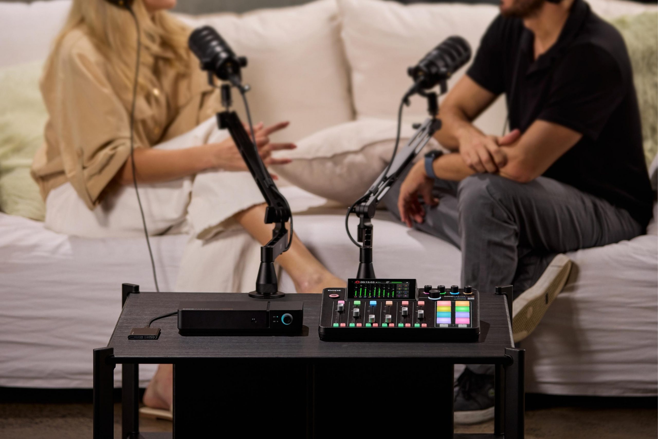R&Oslash;DECaster Video Core and R&Oslash;DECaster Pro II side by side in a podcast set-up